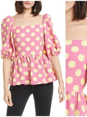 Stine Goya Irene Puff Sleeve Polka Dot Square Neckline Blouse in Pink and Yellow
